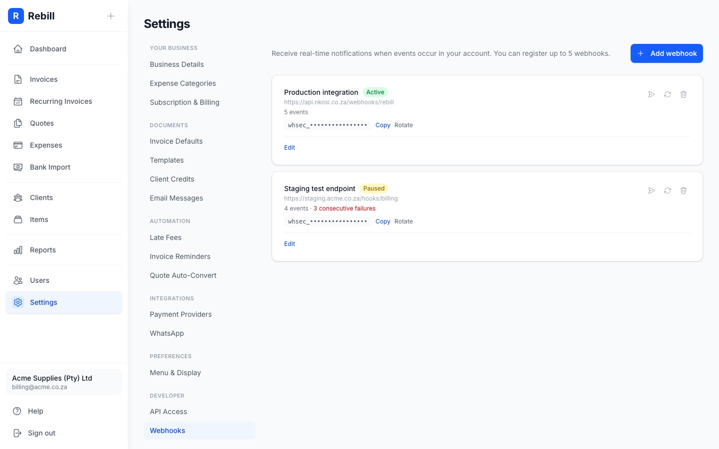 settings webhooks