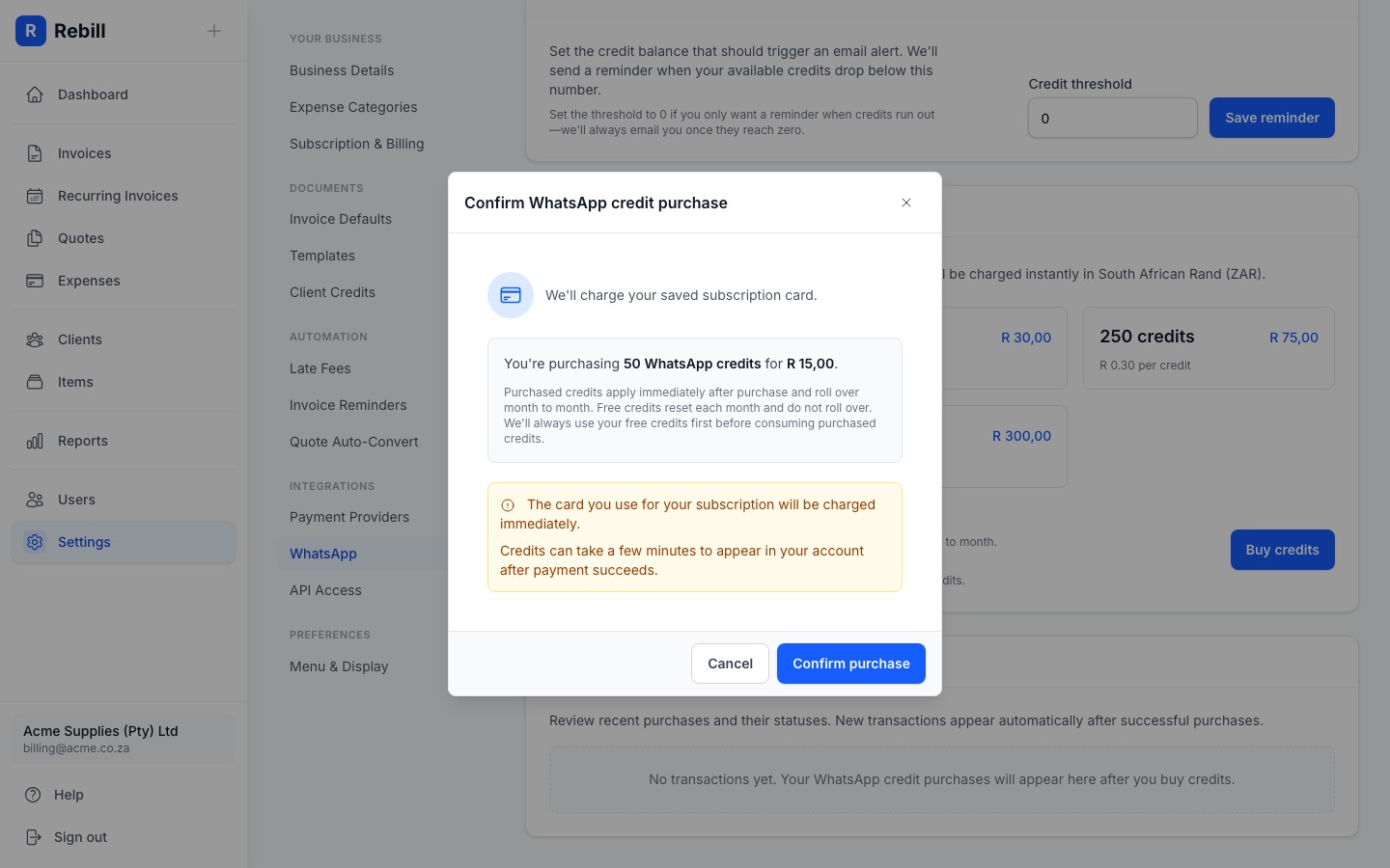 settings whatsapp buy modal